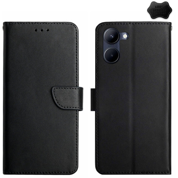 For vivo Y03 4G Genuine Leather Fingerprint-proof Flip Phone Case(Black)