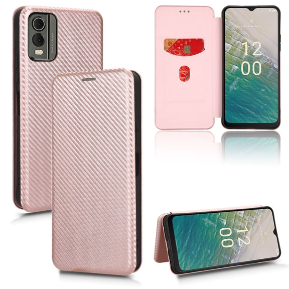 For Nokia C32 Carbon Fiber Texture Flip Leather Phone Case(Pink)