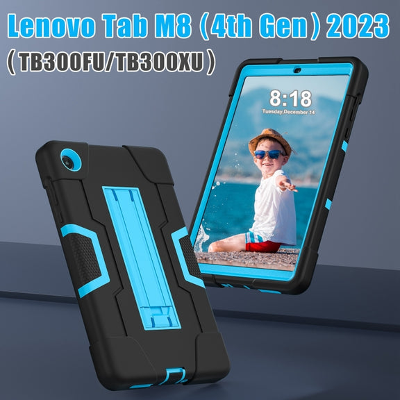 For Lenovo Tab M8 4th Gen Contrast Color Silicone Hybrid PC Tablet Case with Holder(Black Blue)