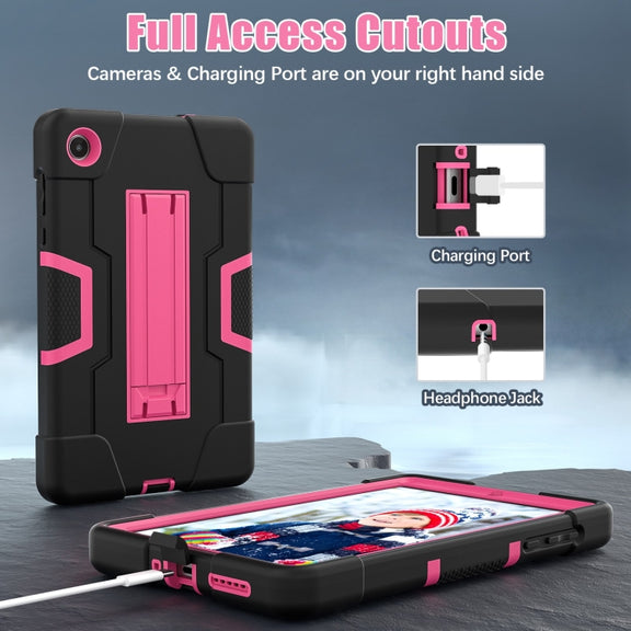 For Lenovo Tab M8 4th Gen Contrast Color Silicone Hybrid PC Tablet Case with Holder(Black Rose Red)