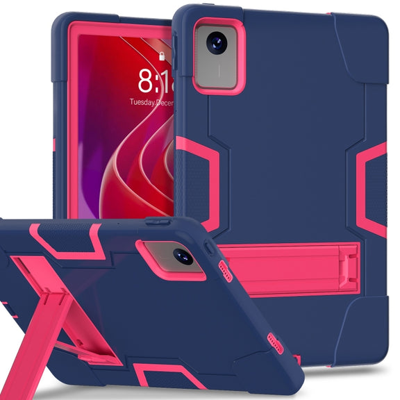 For Lenovo Tab M11/ Xiaoxin Pad 11 2024 Contrast Color Silicone Hybrid PC Tablet Case with Holder(Navy Blue Rose Red)
