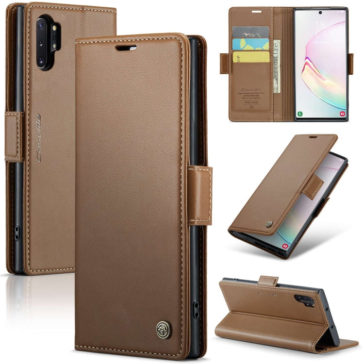 For Samsung Galaxy Note10+ CaseMe 023 Butterfly Buckle Litchi Texture RFID Anti-theft Leather Phone Case(Brown)