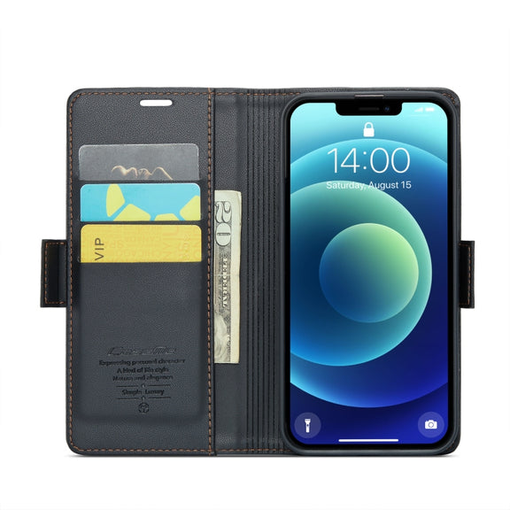 For iPhone 12 / 12 Pro CaseMe 023 Butterfly Buckle Litchi Texture RFID Anti-theft Leather Phone Case(Black)
