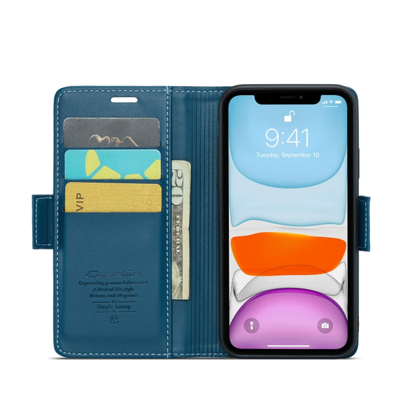 For iPhone 11 CaseMe 023 Butterfly Buckle Litchi Texture RFID Anti-theft Leather Phone Case(Blue)