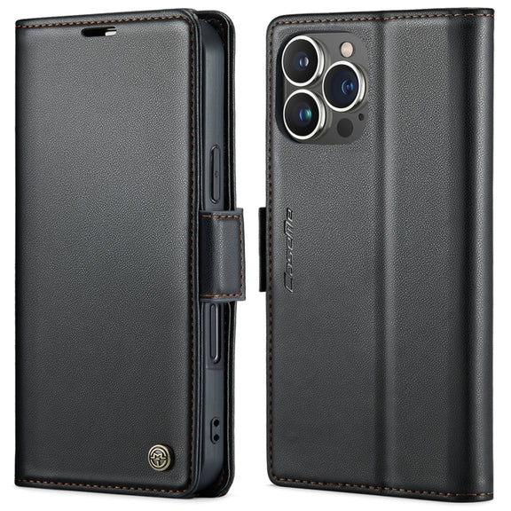 For iPhone 15 Pro Max CaseMe 023 Butterfly Buckle Litchi Texture RFID Anti-theft Leather Phone Case(Black)