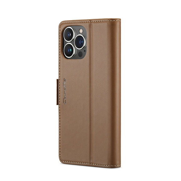 For iPhone 15 Pro Max CaseMe 023 Butterfly Buckle Litchi Texture RFID Anti-theft Leather Phone Case(Brown)
