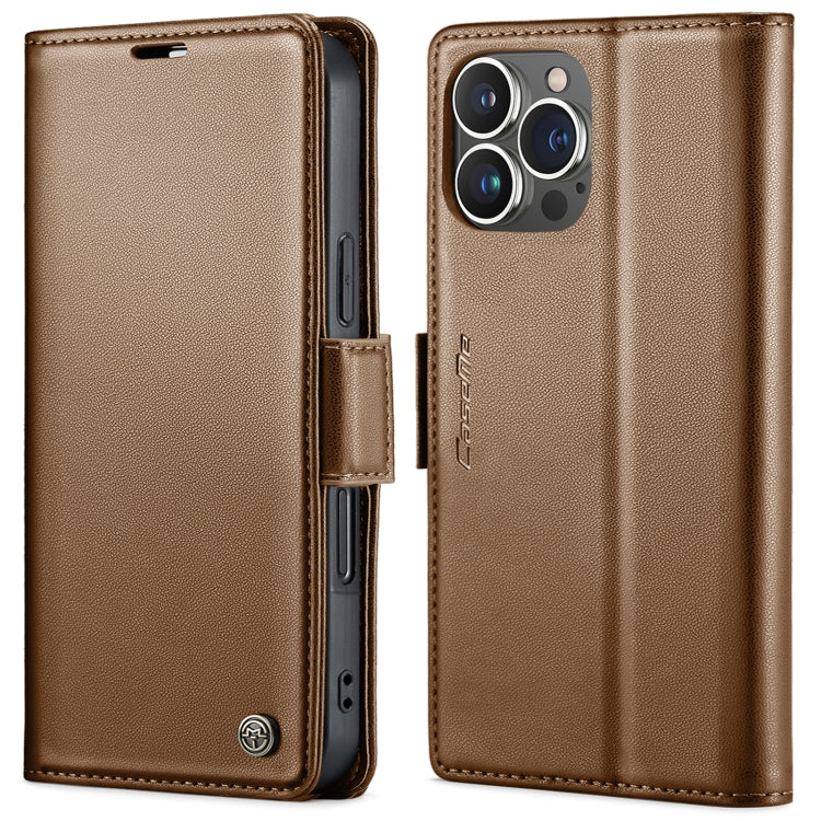 For iPhone 15 Pro Max CaseMe 023 Butterfly Buckle Litchi Texture RFID Anti-theft Leather Phone Case(Brown)