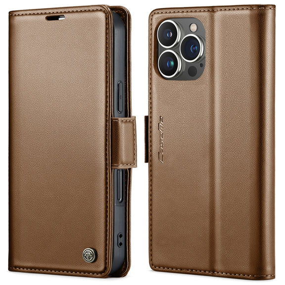 For iPhone 15 Pro Max CaseMe 023 Butterfly Buckle Litchi Texture RFID Anti-theft Leather Phone Case(Brown)