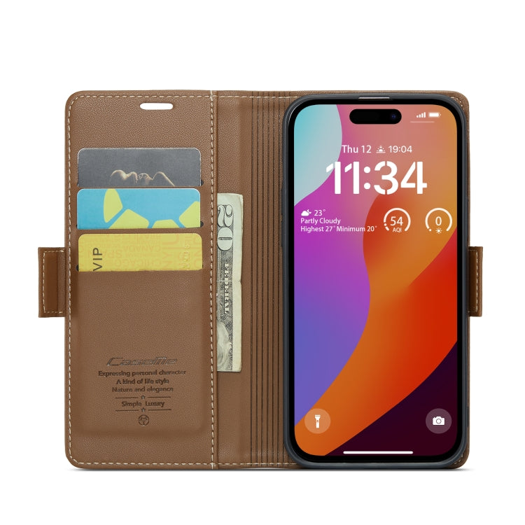 For iPhone 15 Pro Max CaseMe 023 Butterfly Buckle Litchi Texture RFID Anti-theft Leather Phone Case(Brown)