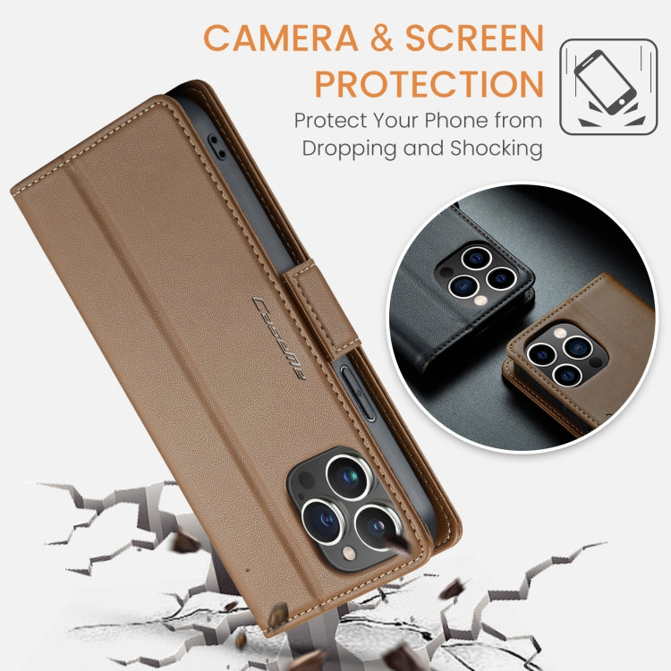 For iPhone 15 Pro Max CaseMe 023 Butterfly Buckle Litchi Texture RFID Anti-theft Leather Phone Case(Brown)