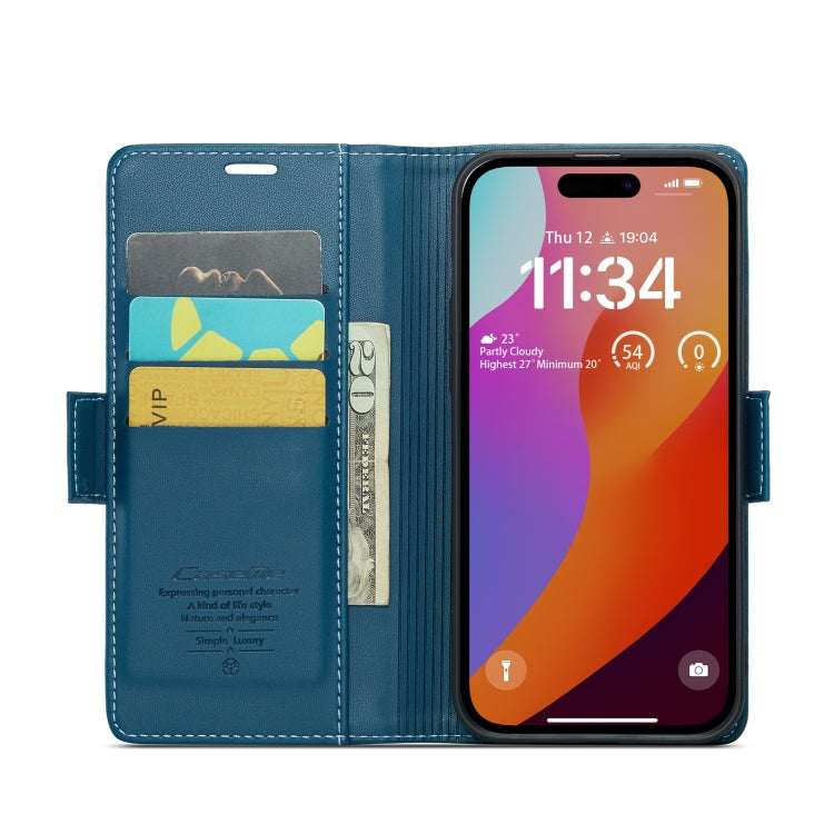 For iPhone 15 Pro Max CaseMe 023 Butterfly Buckle Litchi Texture RFID Anti-theft Leather Phone Case(Blue)
