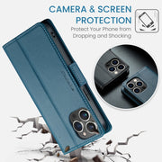 For iPhone 15 Pro Max CaseMe 023 Butterfly Buckle Litchi Texture RFID Anti-theft Leather Phone Case(Blue)
