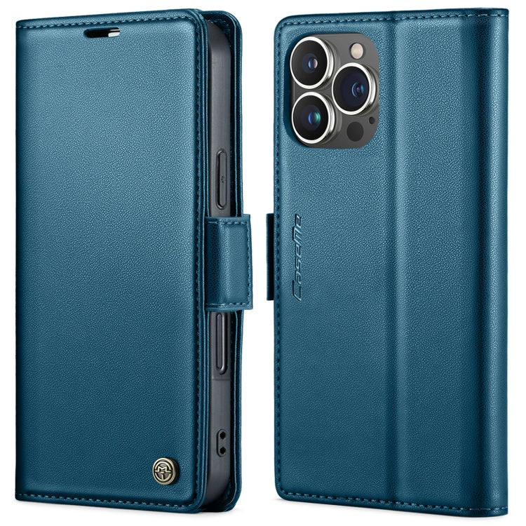 For iPhone 15 Pro Max CaseMe 023 Butterfly Buckle Litchi Texture RFID Anti-theft Leather Phone Case(Blue)