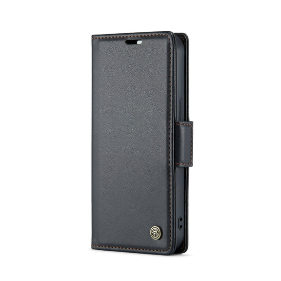 For iPhone 15 Plus CaseMe 023 Butterfly Buckle Litchi Texture RFID Anti-theft Leather Phone Case(Black)