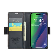 For iPhone 15 Plus CaseMe 023 Butterfly Buckle Litchi Texture RFID Anti-theft Leather Phone Case(Black)
