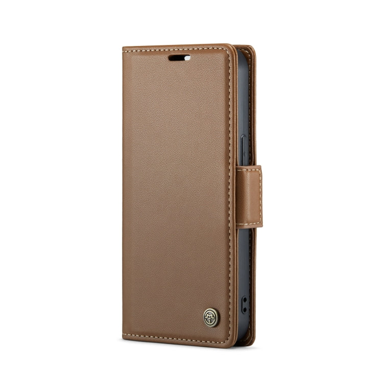 For iPhone 15 Plus CaseMe 023 Butterfly Buckle Litchi Texture RFID Anti-theft Leather Phone Case(Brown)