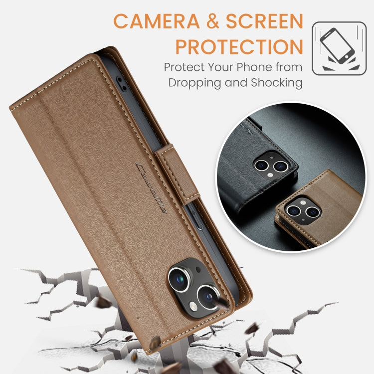 For iPhone 15 Plus CaseMe 023 Butterfly Buckle Litchi Texture RFID Anti-theft Leather Phone Case(Brown)