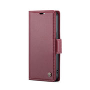 For iPhone 15 Plus CaseMe 023 Butterfly Buckle Litchi Texture RFID Anti-theft Leather Phone Case(Wine Red)