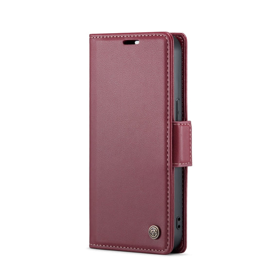 For iPhone 15 Plus CaseMe 023 Butterfly Buckle Litchi Texture RFID Anti-theft Leather Phone Case(Wine Red)