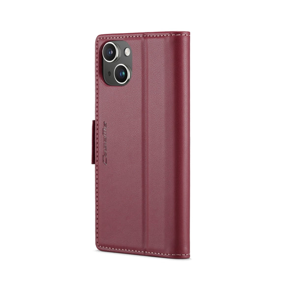 For iPhone 15 Plus CaseMe 023 Butterfly Buckle Litchi Texture RFID Anti-theft Leather Phone Case(Wine Red)