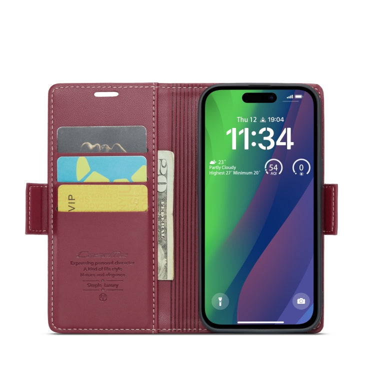 For iPhone 15 Plus CaseMe 023 Butterfly Buckle Litchi Texture RFID Anti-theft Leather Phone Case(Wine Red)