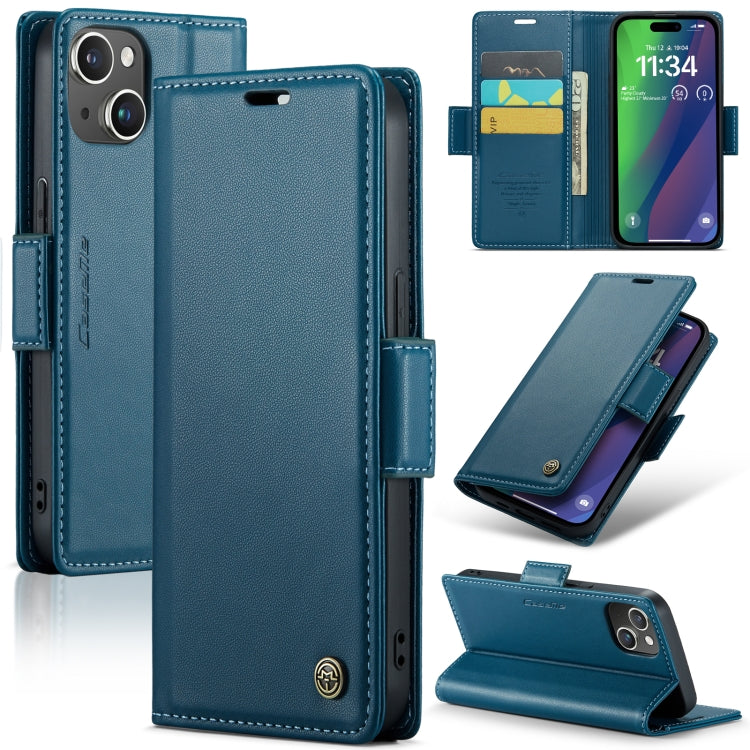 For iPhone 15 Plus CaseMe 023 Butterfly Buckle Litchi Texture RFID Anti-theft Leather Phone Case(Blue)