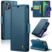 For iPhone 15 Plus CaseMe 023 Butterfly Buckle Litchi Texture RFID Anti-theft Leather Phone Case(Blue)