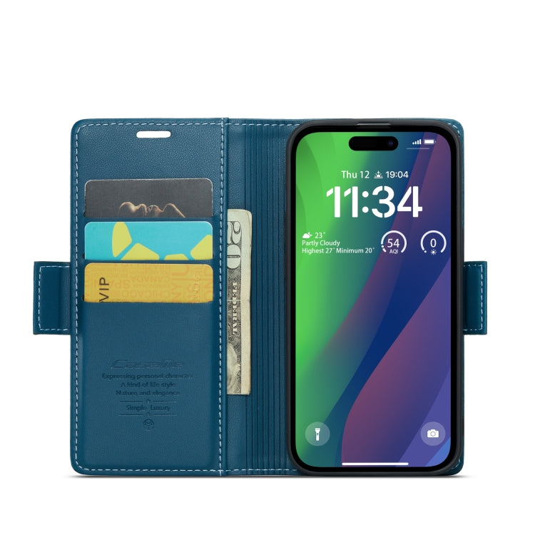 For iPhone 15 Plus CaseMe 023 Butterfly Buckle Litchi Texture RFID Anti-theft Leather Phone Case(Blue)