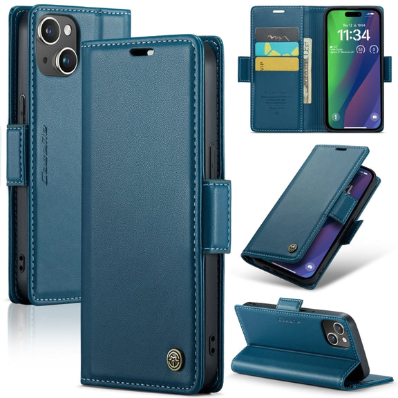 For iPhone 15 Plus CaseMe 023 Butterfly Buckle Litchi Texture RFID Anti-theft Leather Phone Case(Blue)