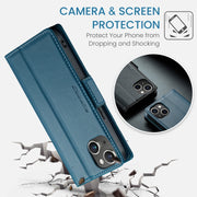 For iPhone 15 Plus CaseMe 023 Butterfly Buckle Litchi Texture RFID Anti-theft Leather Phone Case(Blue)