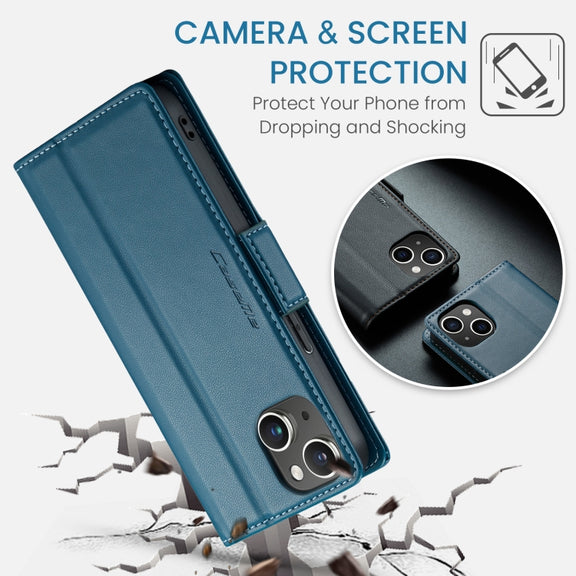 For iPhone 15 Plus CaseMe 023 Butterfly Buckle Litchi Texture RFID Anti-theft Leather Phone Case(Blue)