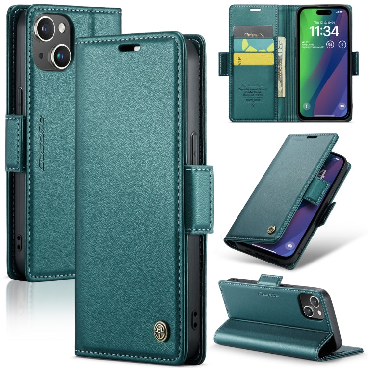 For iPhone 15 Plus CaseMe 023 Butterfly Buckle Litchi Texture RFID Anti-theft Leather Phone Case(Pearly Blue)