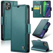 For iPhone 15 Plus CaseMe 023 Butterfly Buckle Litchi Texture RFID Anti-theft Leather Phone Case(Pearly Blue)