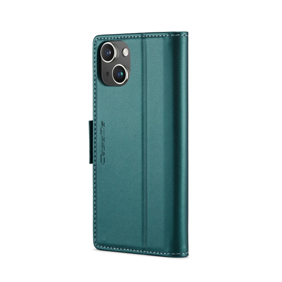 For iPhone 15 Plus CaseMe 023 Butterfly Buckle Litchi Texture RFID Anti-theft Leather Phone Case(Pearly Blue)