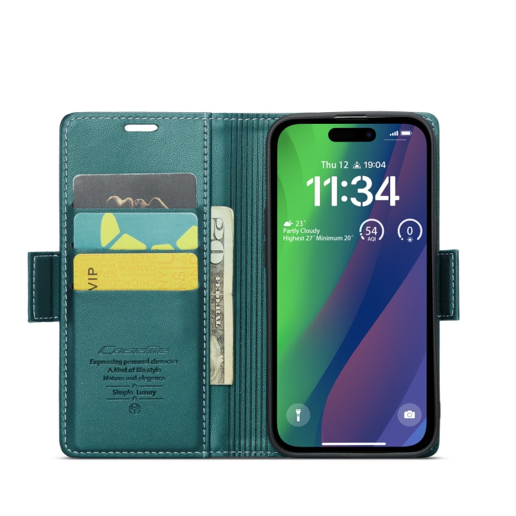 For iPhone 15 Plus CaseMe 023 Butterfly Buckle Litchi Texture RFID Anti-theft Leather Phone Case(Pearly Blue)