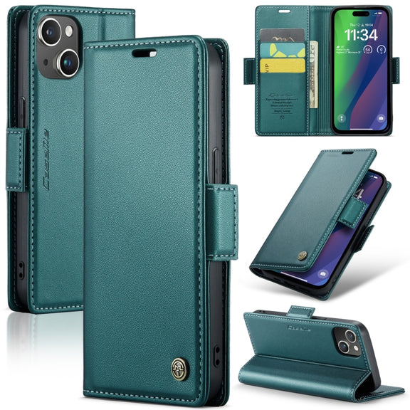 For iPhone 15 Plus CaseMe 023 Butterfly Buckle Litchi Texture RFID Anti-theft Leather Phone Case(Pearly Blue)