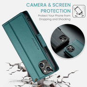 For iPhone 15 Plus CaseMe 023 Butterfly Buckle Litchi Texture RFID Anti-theft Leather Phone Case(Pearly Blue)