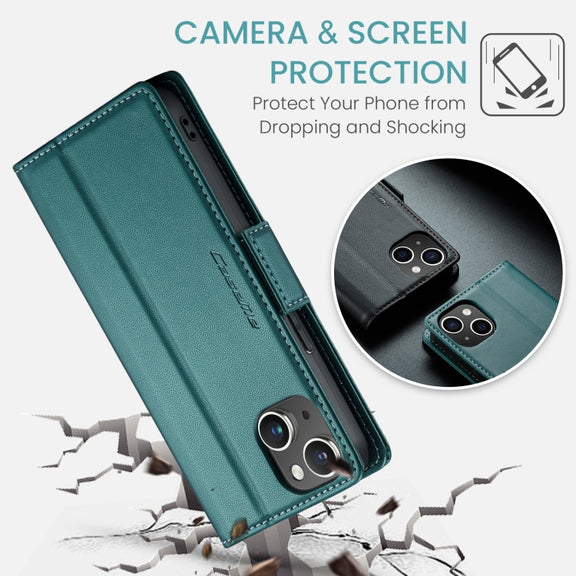 For iPhone 15 Plus CaseMe 023 Butterfly Buckle Litchi Texture RFID Anti-theft Leather Phone Case(Pearly Blue)