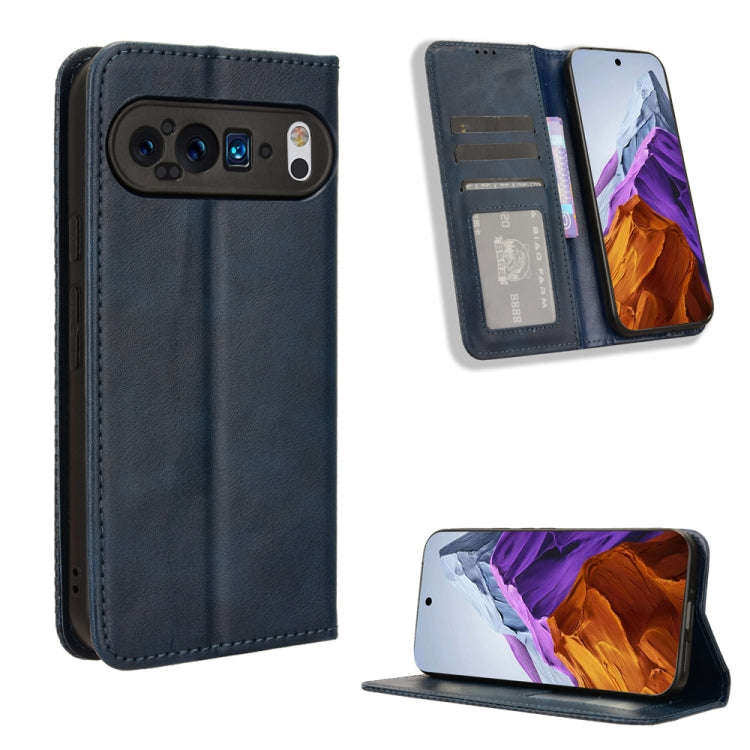 For Google Pixel 9 Pro Magnetic Buckle Retro Texture Leather Phone Case(Blue)