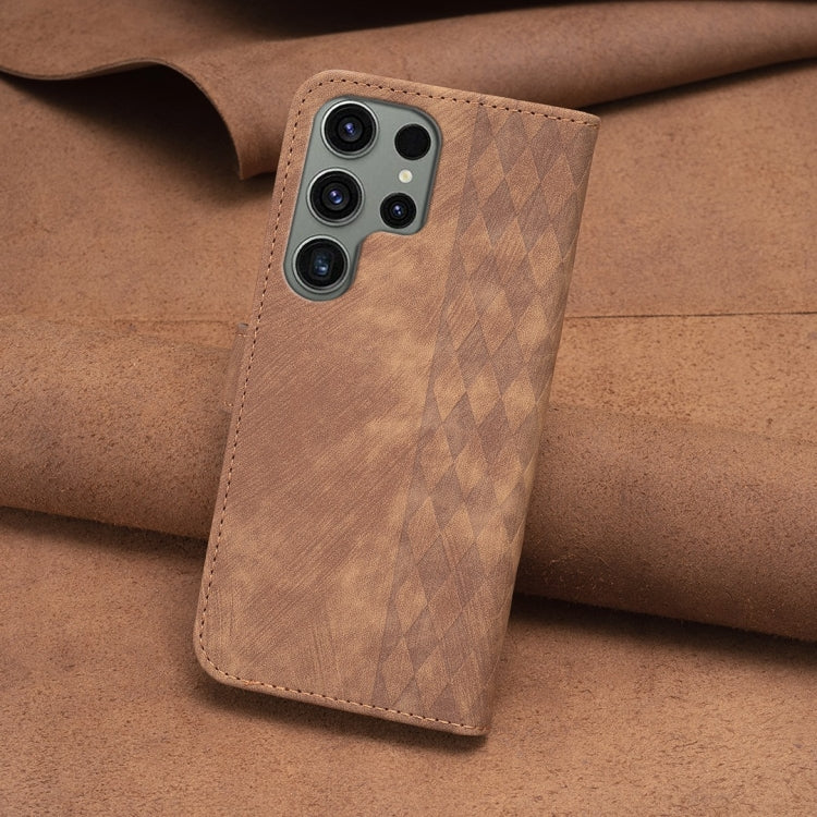 For Samsung Galaxy S23 Ultra 5G Plaid Embossed Leather Phone Case(Brown)