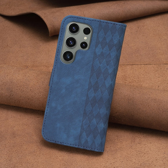 For Samsung Galaxy S23 Ultra 5G Plaid Embossed Leather Phone Case(Blue)