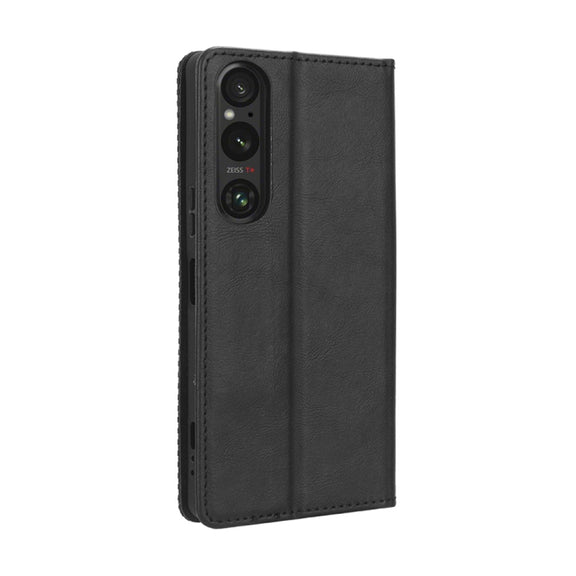 For Sony Xperia 1 V Magnetic Buckle Retro Texture Leather Phone Case(Black)