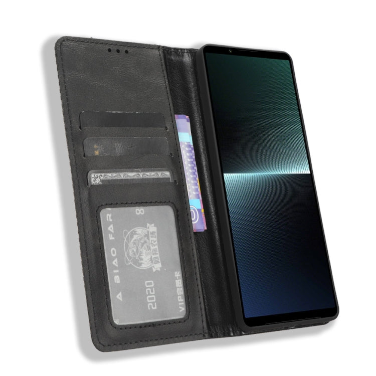 For Sony Xperia 1 V Magnetic Buckle Retro Texture Leather Phone Case(Black)