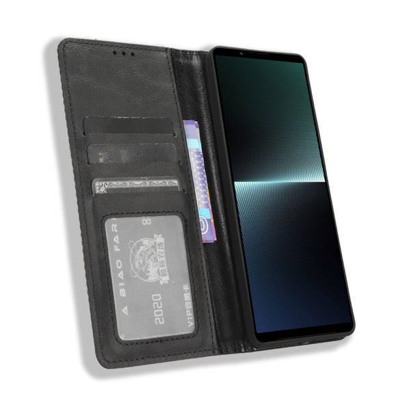 For Sony Xperia 1 V Magnetic Buckle Retro Texture Leather Phone Case(Black)