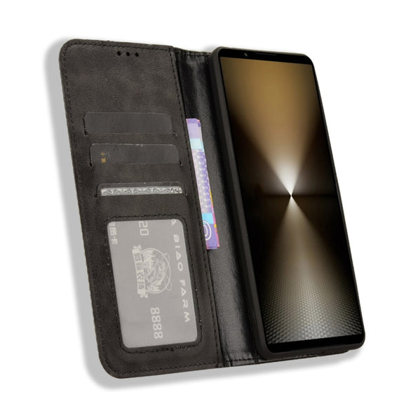 For Sony Xperia 1 VI 2024 Magnetic Buckle Retro Texture Leather Phone Case(Black)