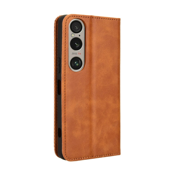 For Sony Xperia 1 VI 2024 Magnetic Buckle Retro Texture Leather Phone Case(Brown)