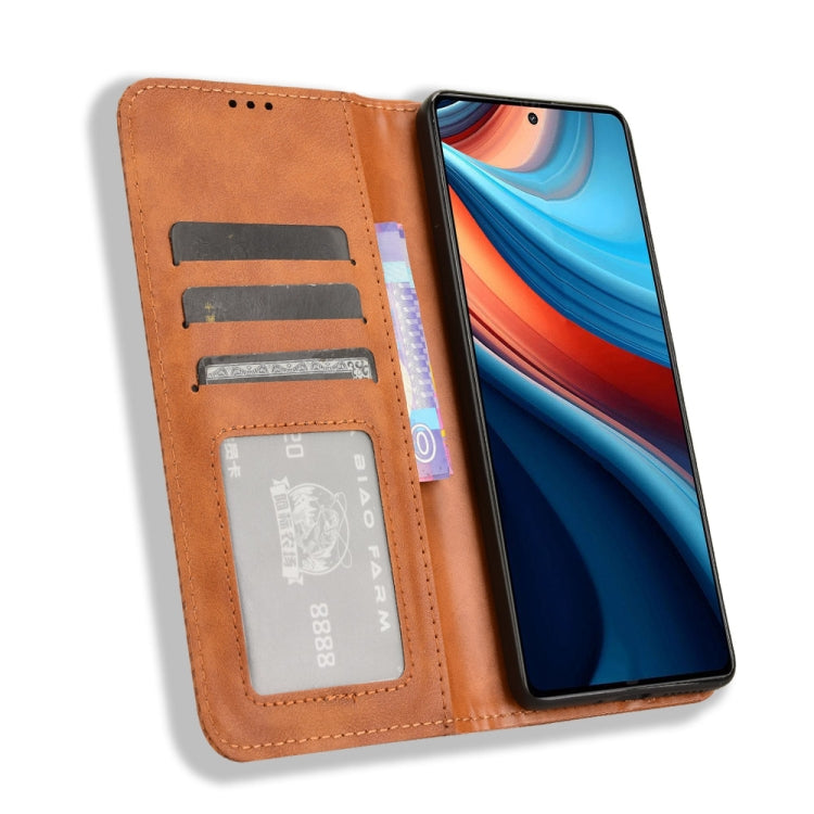 For Xiaomi Redmi Note 13R Pro 5G Magnetic Buckle Retro Texture Leather Phone Case(Brown)