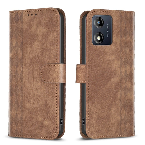 For Motorola Moto E13 4G Plaid Embossed Leather Phone Case(Brown)