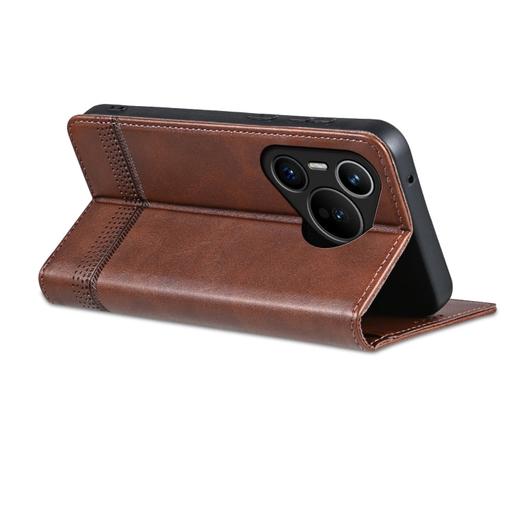 For Huawei Pura 70 Fine Hole AZNS Magnetic Calf Texture Flip Leather Phone Case(Dark Brown)