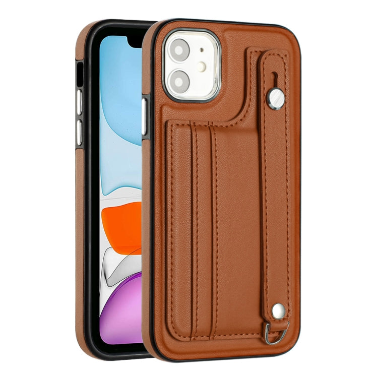 For iPhone 11 Shockproof Leather Phone Case with Wrist Strap(Brown)